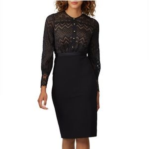 Catherine Deane Button Front Long Sleeve Chevron Lace Noelle Midi Dress Black 6